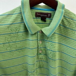 Tommy Bahama 18 Golf Short Sleeve Green Stripe Polo Hawaiian Flowers Men’s Large